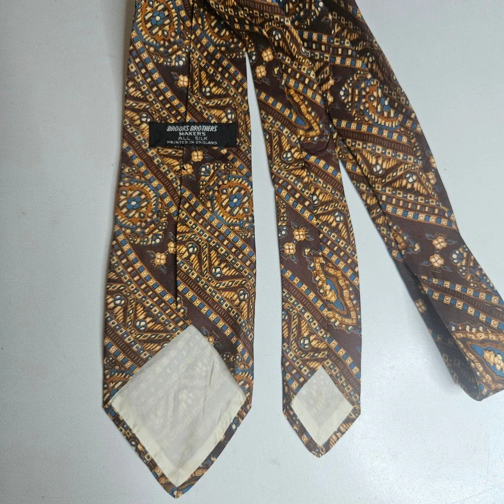 Vtg Brooks Brothers Makers Silk Tie Brown Blue Geometric Paisley Printed England